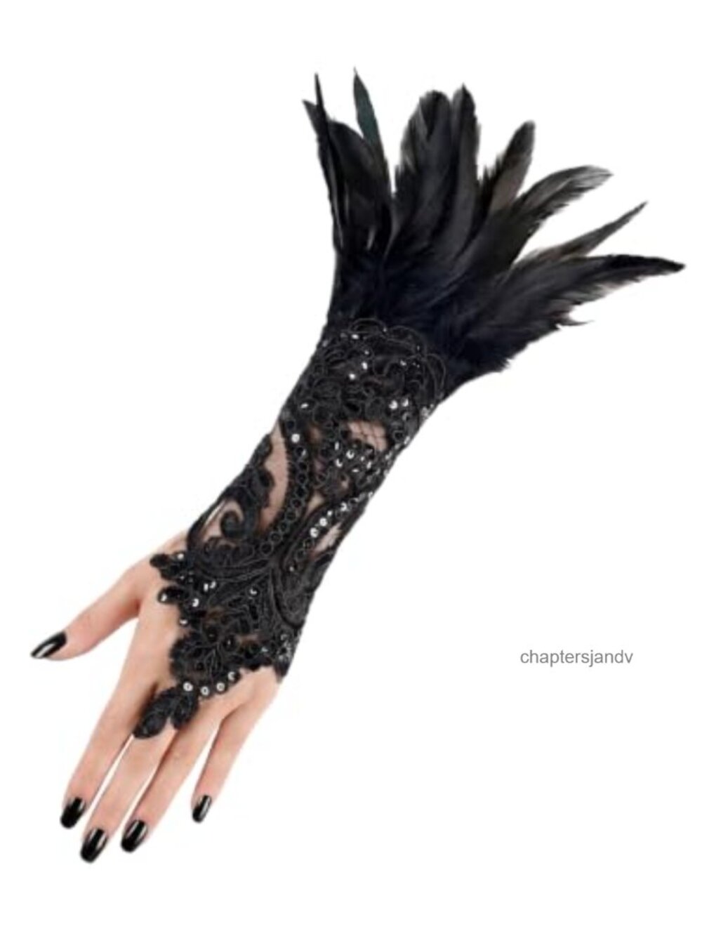 Lace Fingerless Gloves with Feathers & Sequins for Women